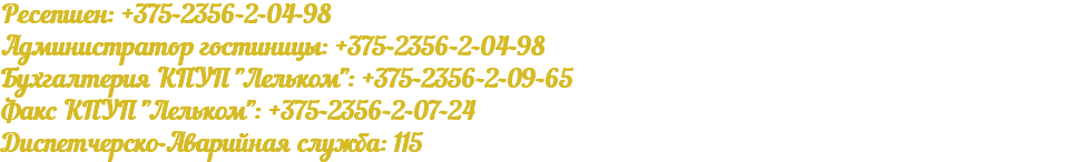 Ресепшен: +375-2356-2-04-98 Администратор гостиницы: +375-2356-2-04-98 Бухгалтерия КПУП "Лельком": +375-2356-2-09-65 Факс КПУП "Лельком": +375-2356-2-07-24 Диспетчерско-Аварийная служба: 115